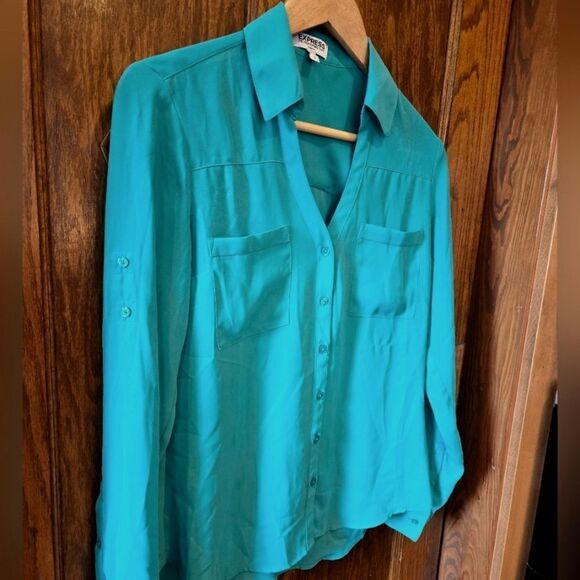 EXPRESS Portofimo Shirt Green Long Sleeves Pockets - Picture 1 of 9